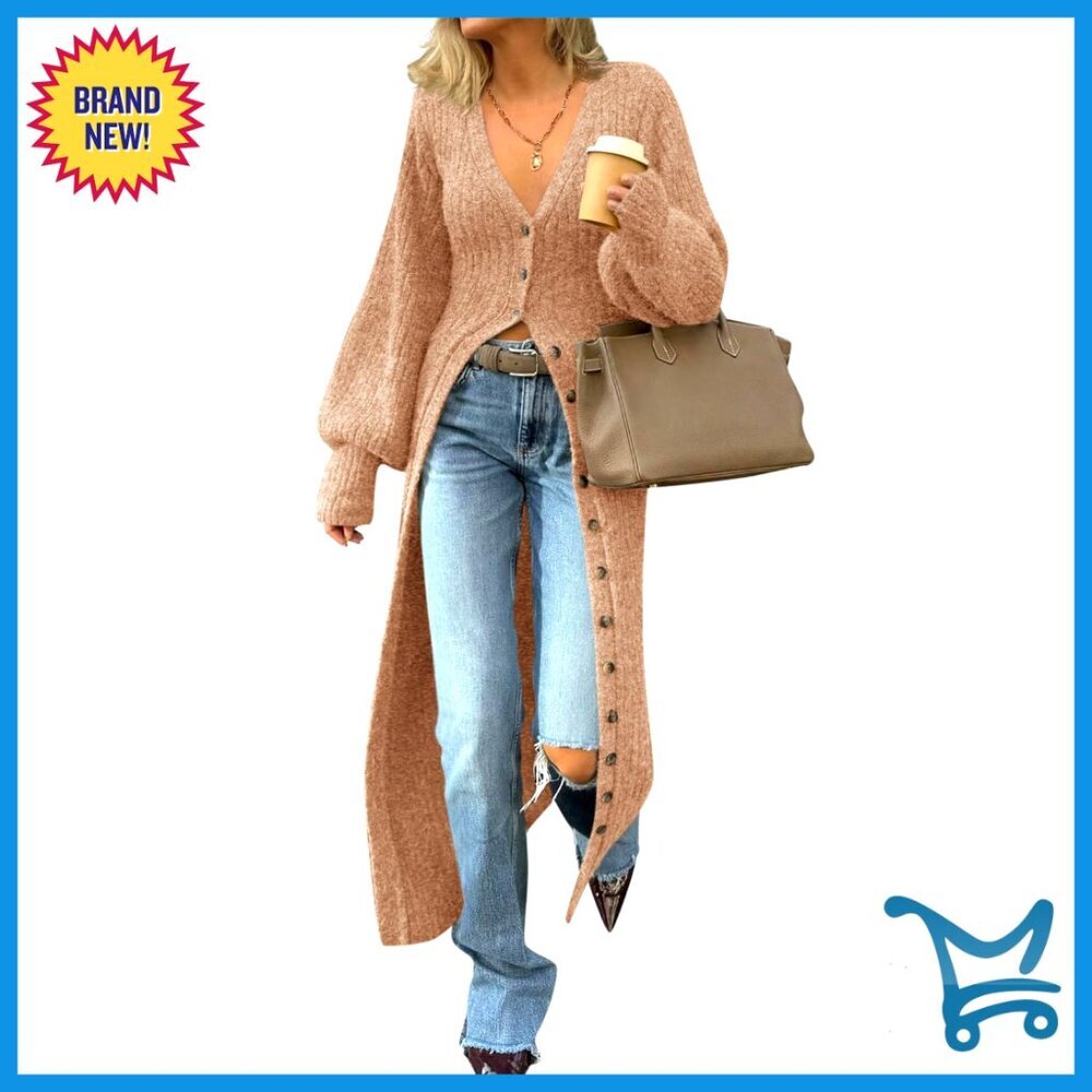 Chunky Knit Maxi Cardigan V-Neck Button Down Sweater Coat Dress